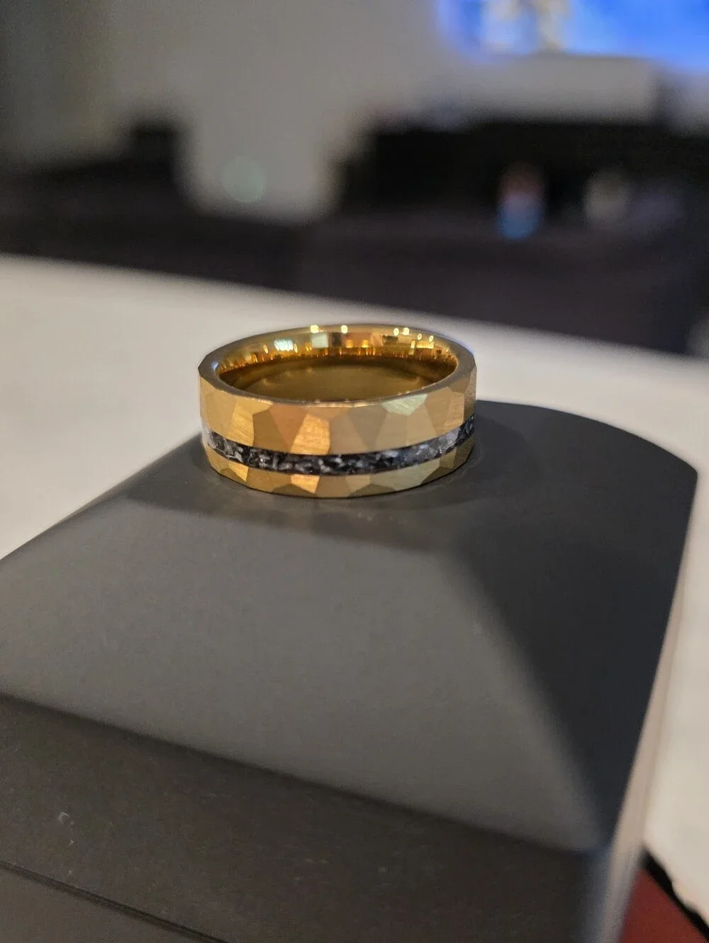 Yellow Gold Tungsten Meteorite Ring Hammered Mens Wedding Band, Unique Men Ring